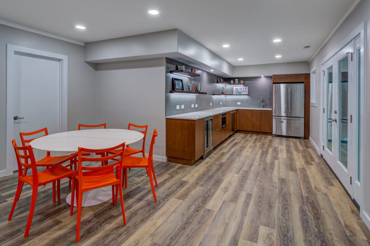 Bright and modern basement kitchen and dining area renovation in Atlanta GA by Silver Oak Remodel
