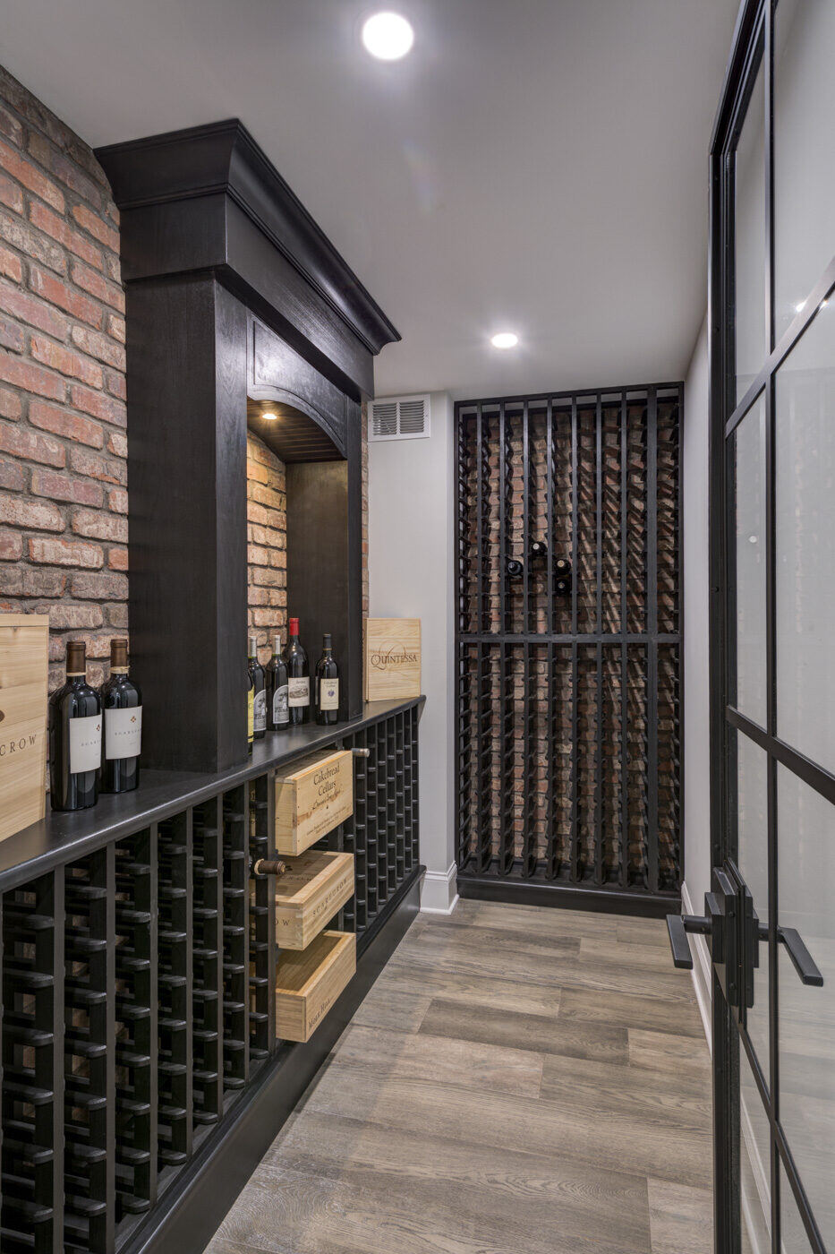 Full view of custom wine cellar in Atlanta basement remodel by Silver Oak Remodel