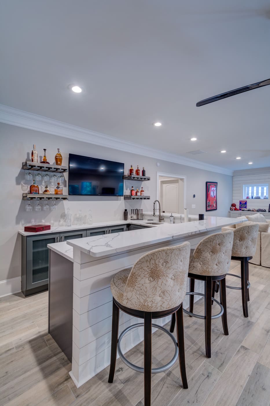 Custom bar area in Atlanta basement remodel by Silver Oak Remodeling