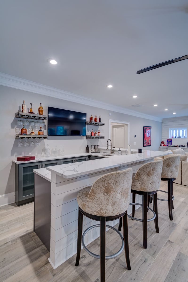 Custom bar area in Atlanta basement remodel by Silver Oak Remodeling