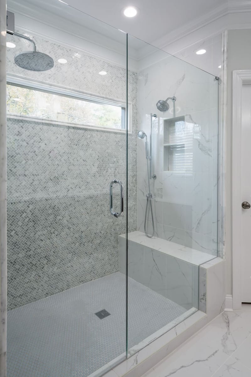 Luxury walk-in shower with detailed tile work in a Silver Oak Remodeling bathroom renovation in Atlanta