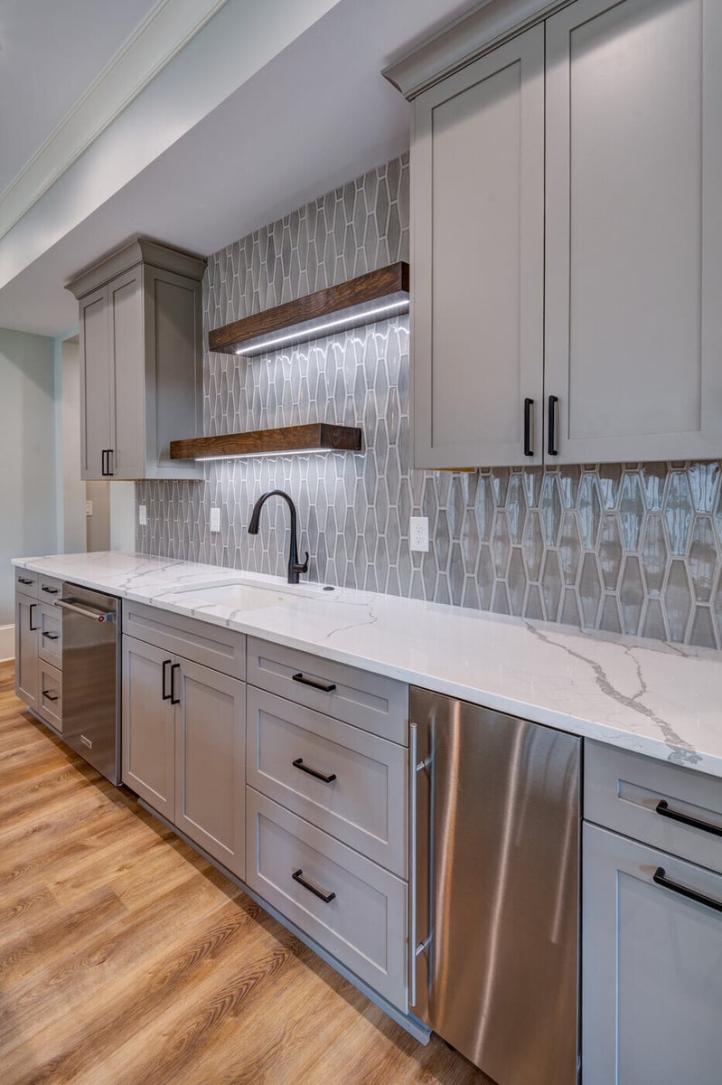 Backsplash and cabinetry detail from Atlanta kitchen remodel by Silver Oak Remodel with geometric tile