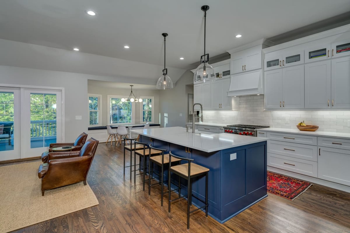 Spacious kitchen with large island and seating in Atlanta remodel by Silver Oak Remodeling