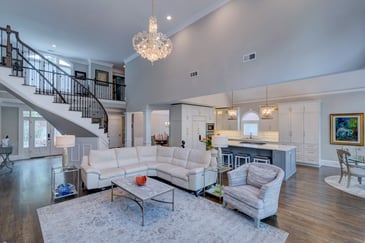 View of kitchen and living room remodel with vaulted ceilings in Sandy Springs, GA by Silver Oak Remodel