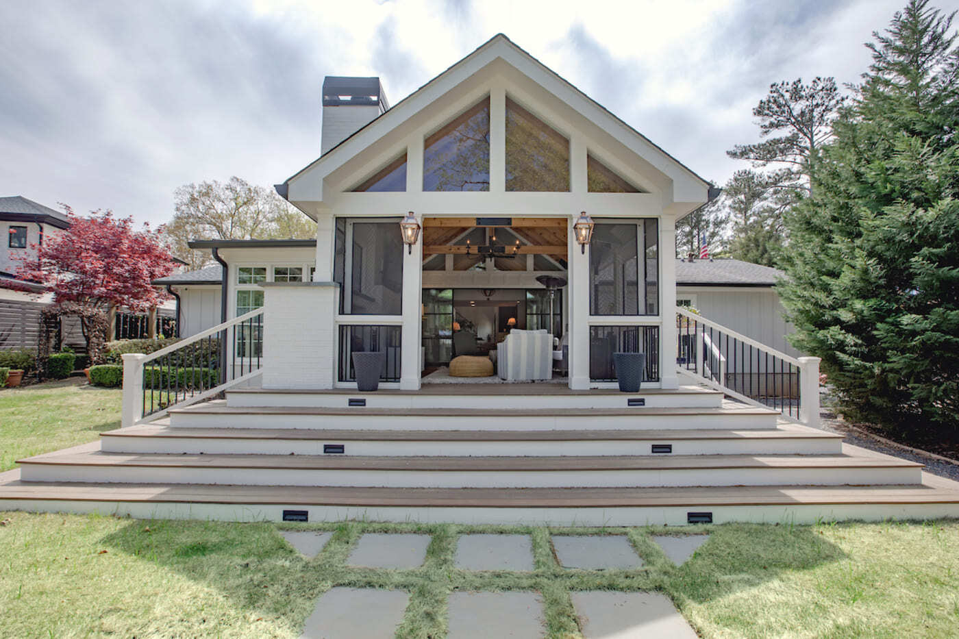 Outdoor porch with gable roof and steps by Silver Oak Remodeling in Atlanta, GA